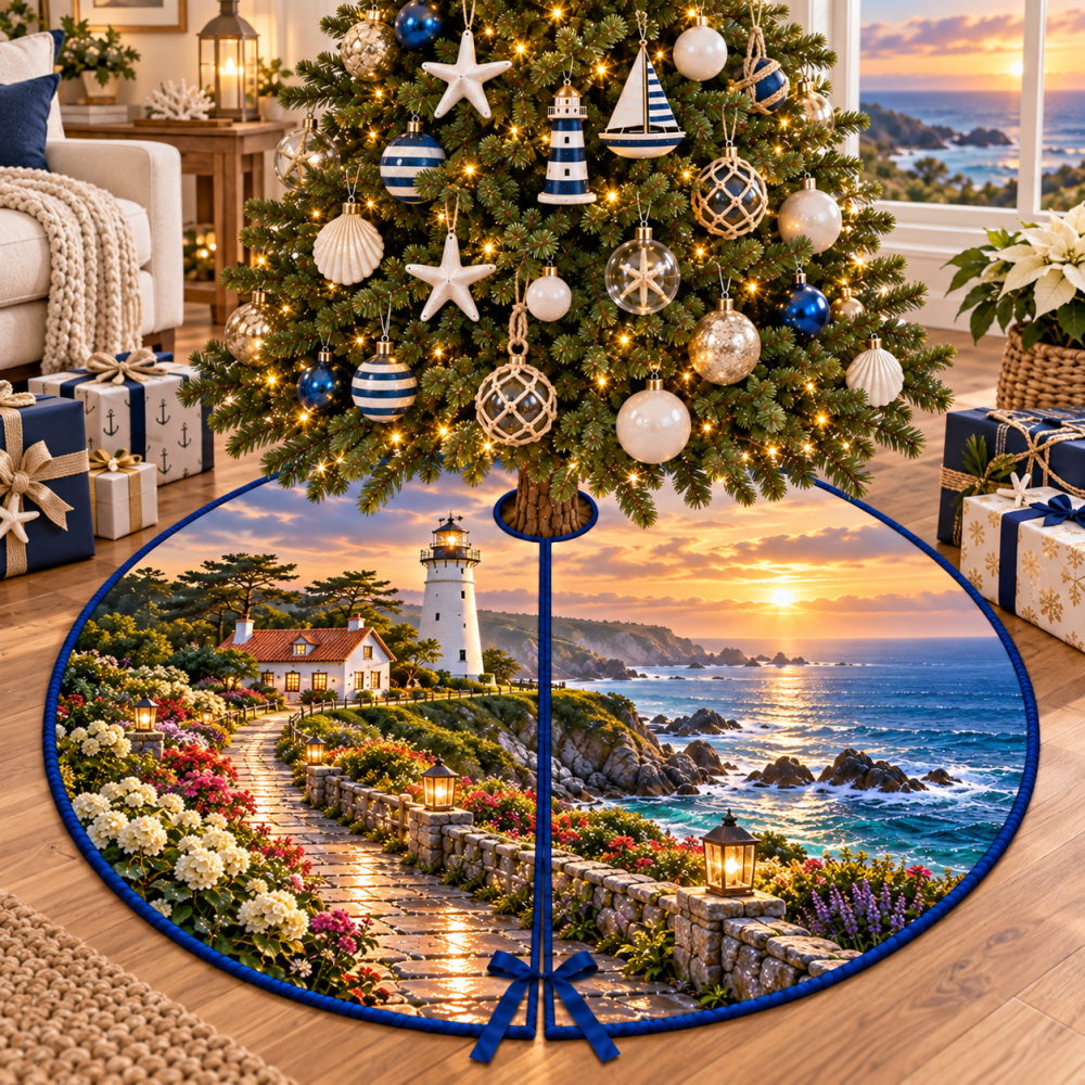 Coastal Welcome Lighthouse Tree Skirt — Friendly Nautical Christmas Accent To Greet Guests With Seaside Holiday Charm