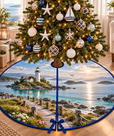 Sea Glass Island Lighthouse Tree Skirt — Soft Coastal Hues And Lighthouse Design, Perfect For Beach House Holiday Styling
