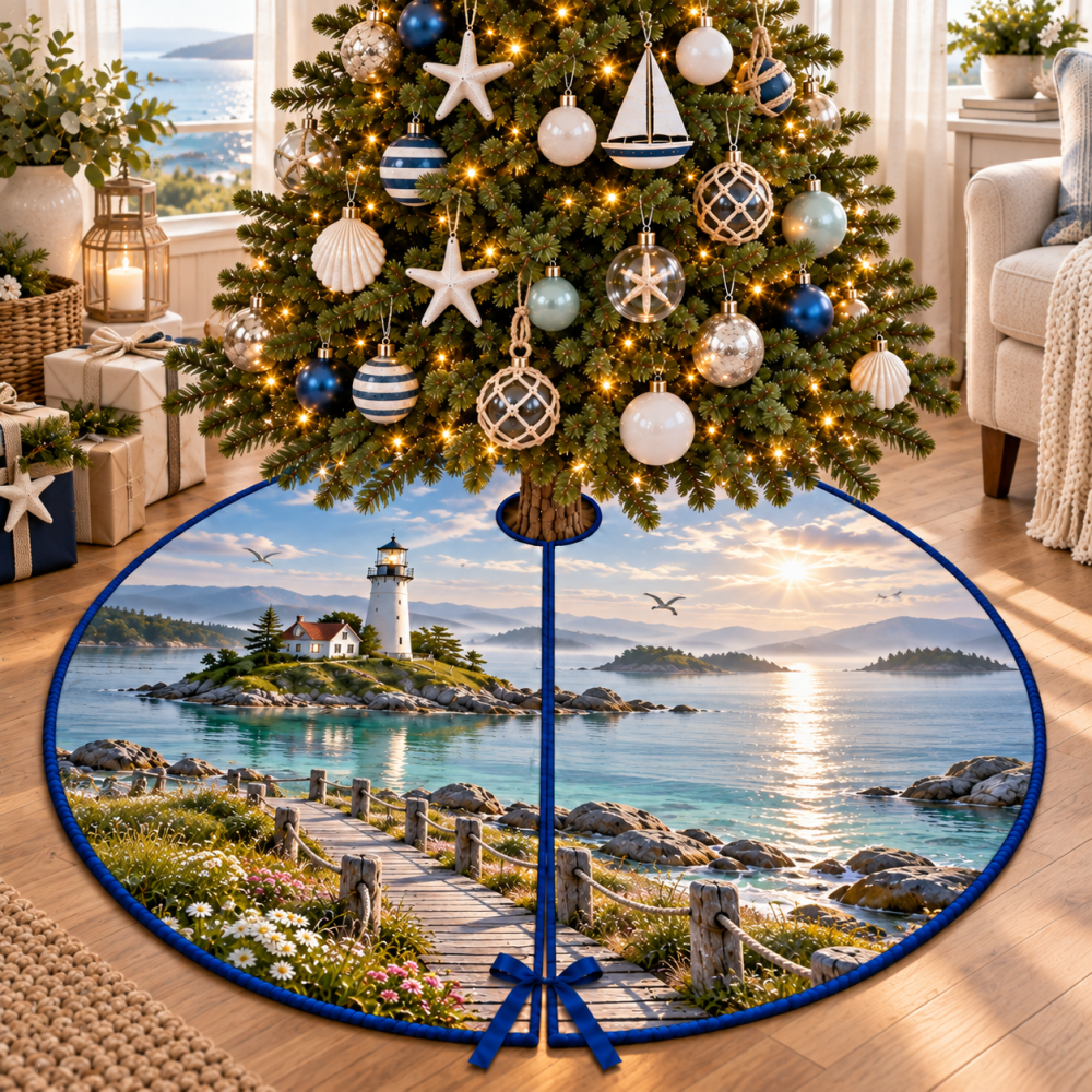 Sea Glass Island Lighthouse Tree Skirt — Soft Coastal Hues And Lighthouse Design, Perfect For Beach House Holiday Styling