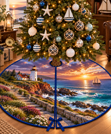Copper Cliff Lighthouse Christmas Tree Skirt — Rustic Nautical Accent With Warm Metal Tones For Cozy Coastal Interiors