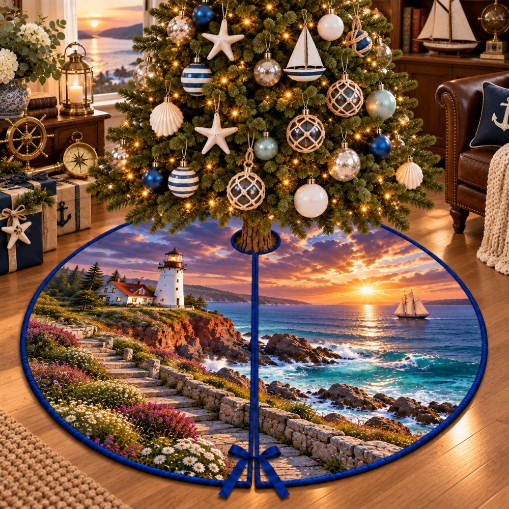Copper Cliff Lighthouse Christmas Tree Skirt — Rustic Nautical Accent With Warm Metal Tones For Cozy Coastal Interiors