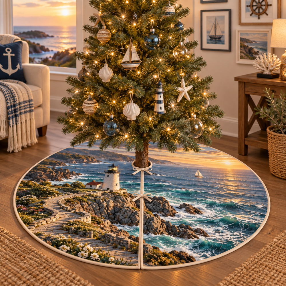 Gallery Coast Lighthouse Holiday Tree Skirt — Curated Nautical Decor With Museum-Quality Detail For Elevated Seasonal Styling