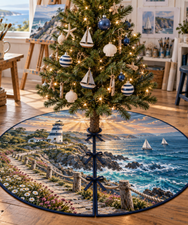 Maker Studio Lighthouse Tree Skirt — Artisanal Nautical Holiday Accent, Handcrafted Look For Creative Homes And Studios