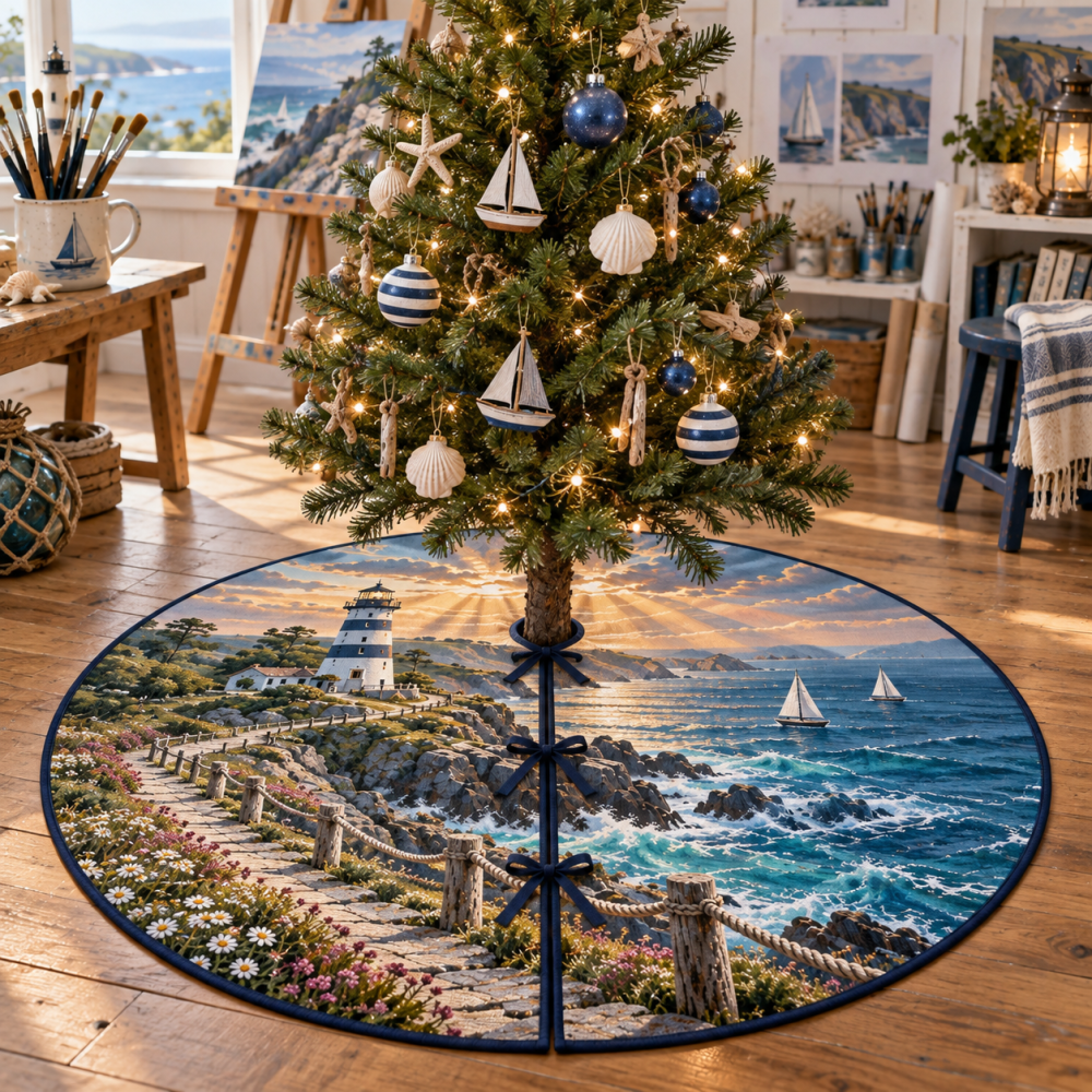 Maker Studio Lighthouse Tree Skirt — Artisanal Nautical Holiday Accent, Handcrafted Look For Creative Homes And Studios