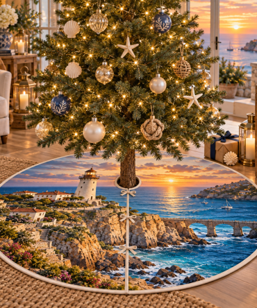 Harbor Host Lighthouse Christmas Tree Skirt — Classic Nautical Lighthouse Motif, Warm Coastal Welcome For Holiday Gatherings