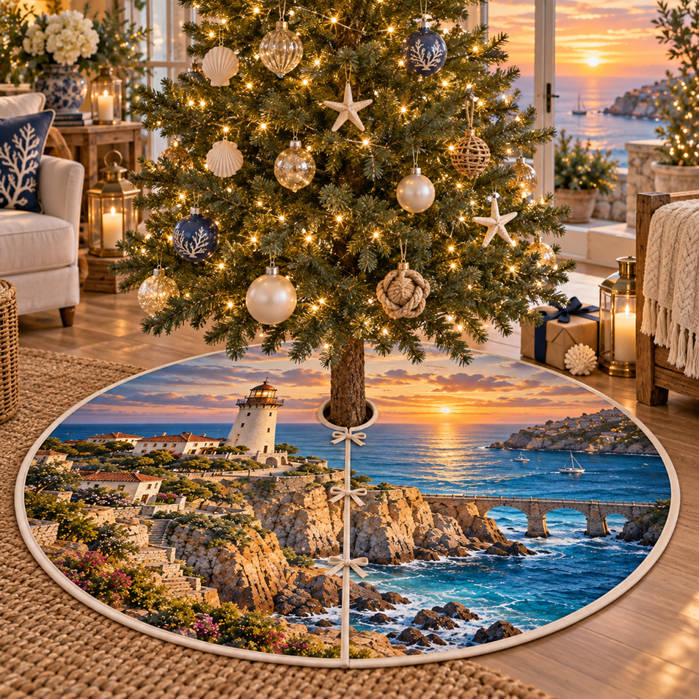 Harbor Host Lighthouse Christmas Tree Skirt — Classic Nautical Lighthouse Motif, Warm Coastal Welcome For Holiday Gatherings