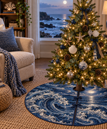 Moonlit Wave Linework Holiday Tree Skirt — Dark Navy & Silver Nautical Design For Elegant Evening Christmas Displays