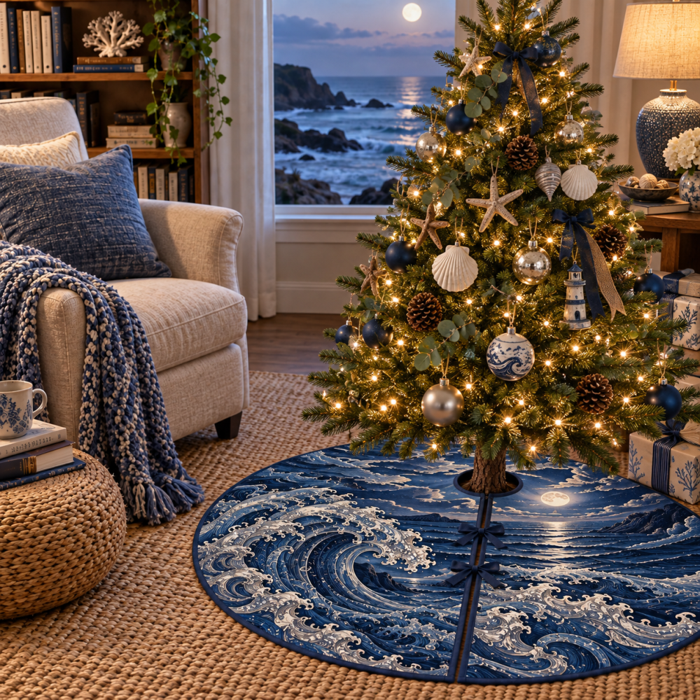 Moonlit Wave Linework Holiday Tree Skirt — Dark Navy & Silver Nautical Design For Elegant Evening Christmas Displays