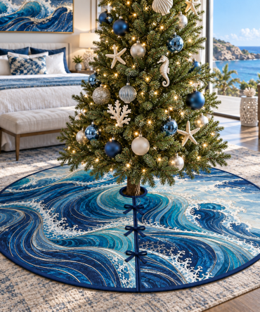 Cobalt Wave Linework Christmas Tree Skirt — Bold Nautical Holiday Accent, Vibrant Blue Decor For Coastal Or Modern Homes
