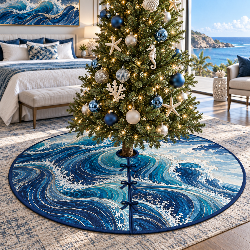 Cobalt Wave Linework Christmas Tree Skirt — Bold Nautical Holiday Accent, Vibrant Blue Decor For Coastal Or Modern Homes
