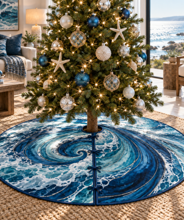 Sea Glass Wave Vortex Christmas Tree Skirt — Iridescent Coastal Holiday Decor With Swirling Wave Design For Beach Homes