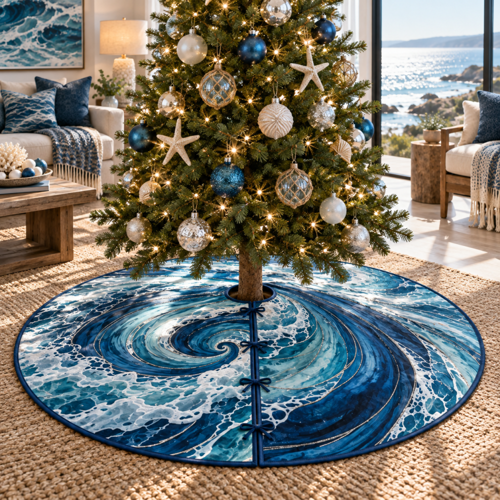 Sea Glass Wave Vortex Christmas Tree Skirt — Iridescent Coastal Holiday Decor With Swirling Wave Design For Beach Homes
