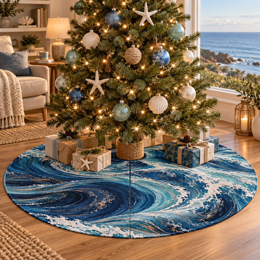 Quiet Corner Coastal Wave Christmas Tree Skirt — Subtle Nautical Holiday Accent For Calm Living Spaces And Minimalist Decor