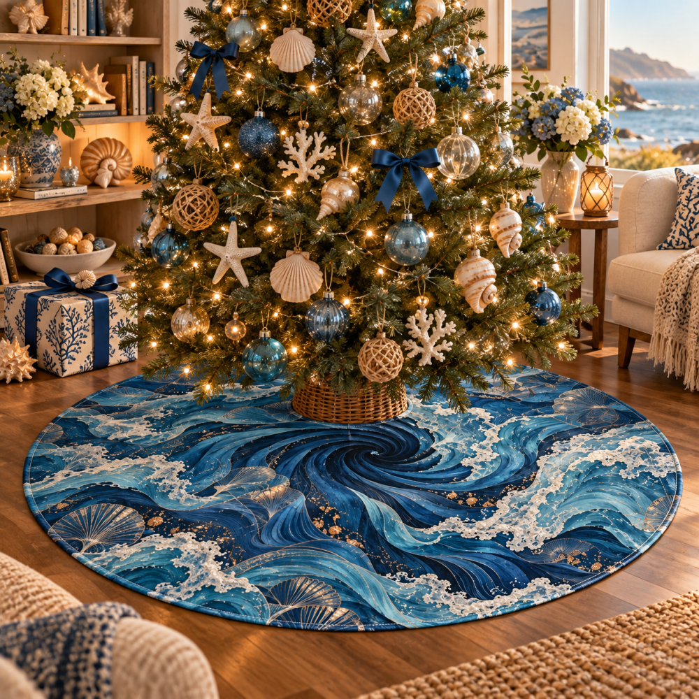 Collector'S Coastal Wave Christmas Tree Skirt — Limited-Edition Nautical Holiday Decor, Perfect Birthday Gift For Collectors
