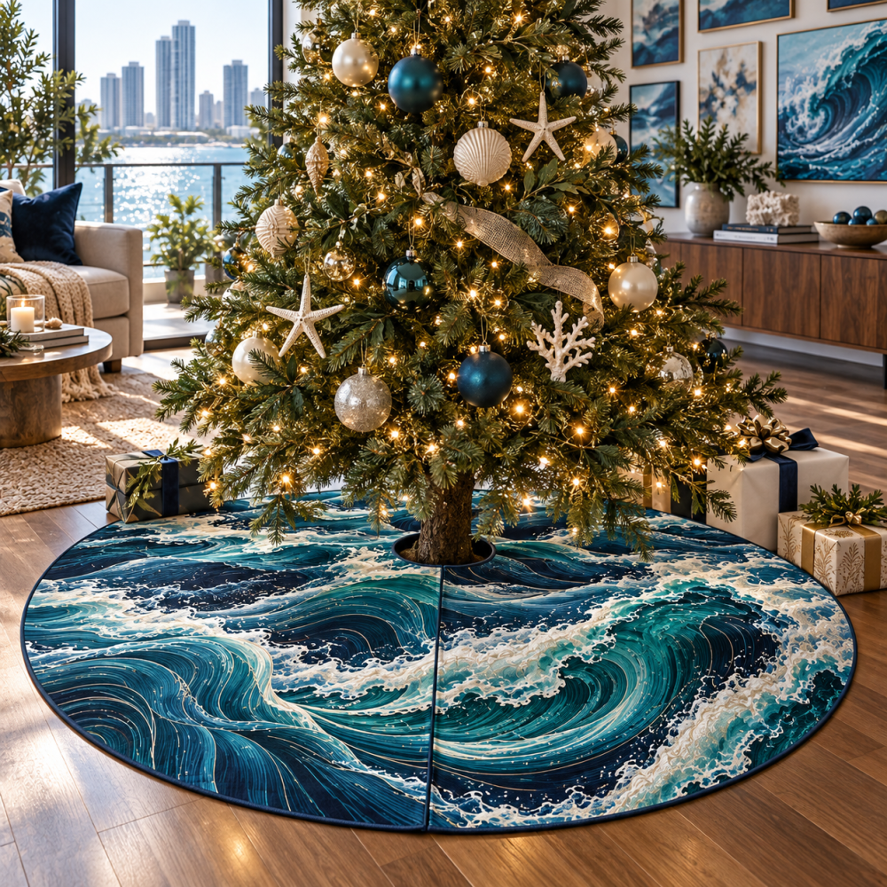 Apartment Gallery Wave Tree Skirt — Stylish Coastal Christmas Base For Urban Homes, Compact Wave-Design Mat That Enhances Small-Space Displays