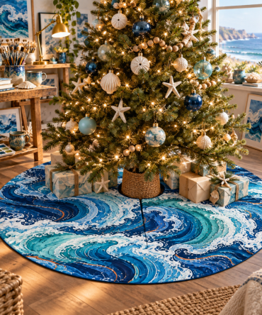 Hobby Studio Wave Tree Skirt — Creative Coastal Mat For Craft Rooms & Studios, Subtle Wave Design Blends With Artistic Spaces And Protects Floors