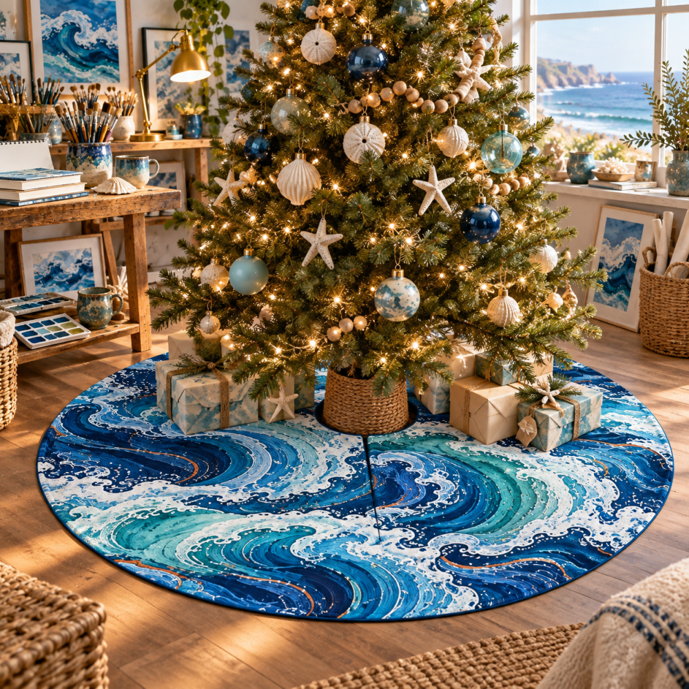 Hobby Studio Wave Tree Skirt — Creative Coastal Mat For Craft Rooms & Studios, Subtle Wave Design Blends With Artistic Spaces And Protects Floors