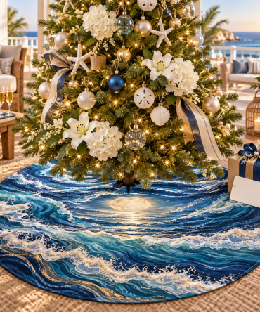 Host Thank You Wave Tree Skirt — Elegant Coastal Thank-You Gift, Refined Wave Pattern Christmas Mat That Conceals Stand & Adds Seasonal Warmth