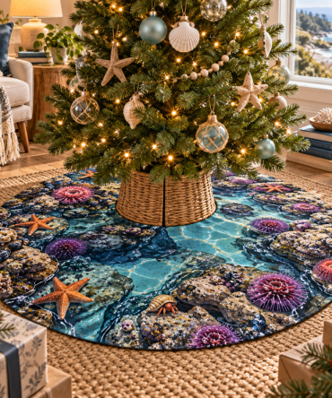 Tide Pool Creatures Tree Skirt — Playful Coastal Christmas Skirt With Ocean Motifs, Kid-Friendly Design Hides Stand And Adds Nautical Charm