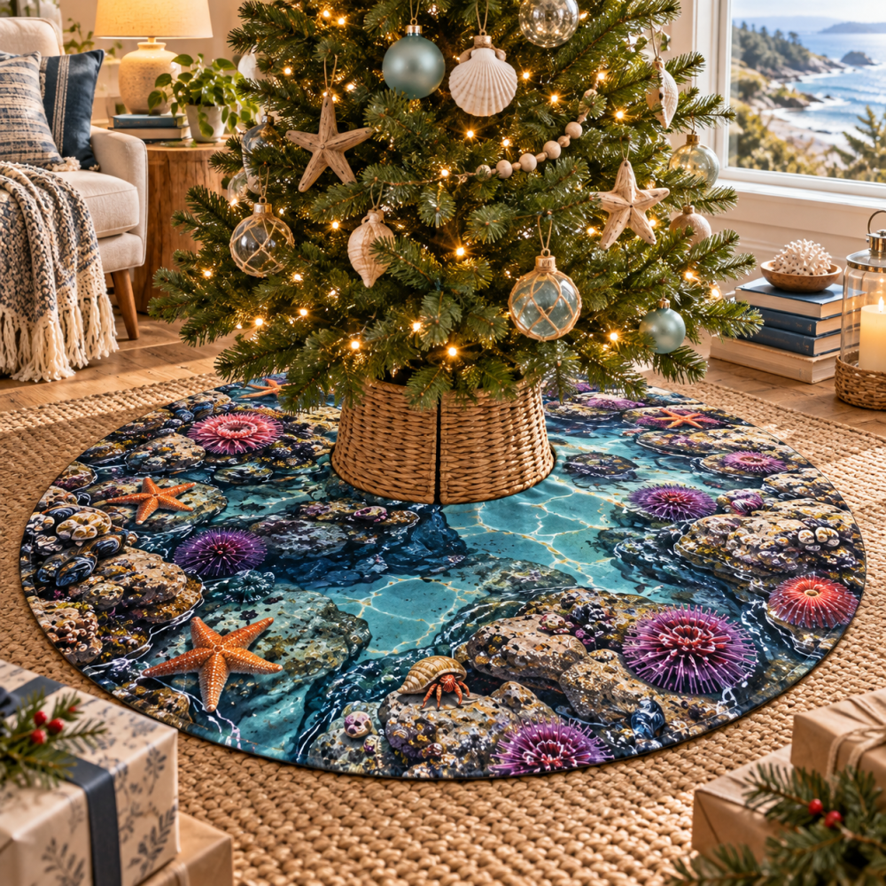 Tide Pool Creatures Tree Skirt — Playful Coastal Christmas Skirt With Ocean Motifs, Kid-Friendly Design Hides Stand And Adds Nautical Charm