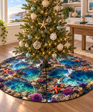 Office Tide Pool Tree Skirt — Professional Coastal Christmas Decor For Workspaces, Low-Profile Mat That Keeps Office Holiday Displays Tidy & Polished