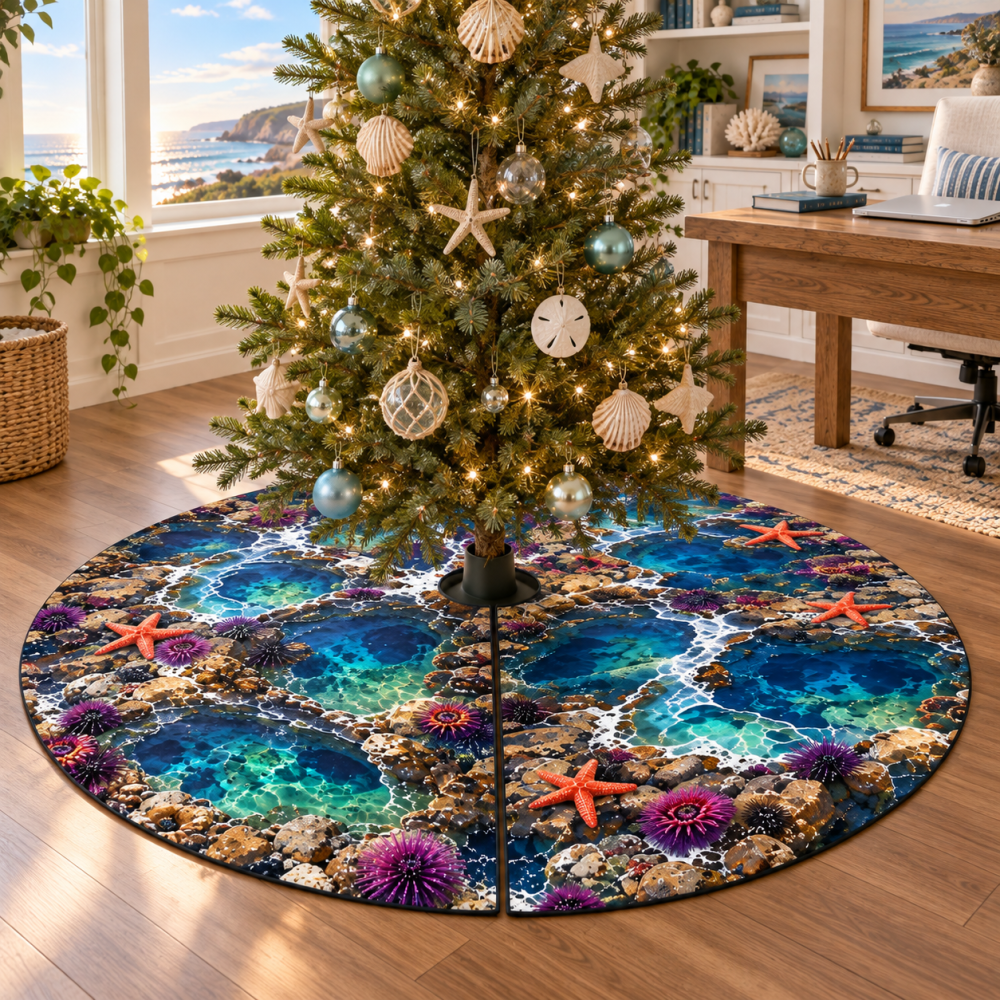 Office Tide Pool Tree Skirt — Professional Coastal Christmas Decor For Workspaces, Low-Profile Mat That Keeps Office Holiday Displays Tidy & Polished