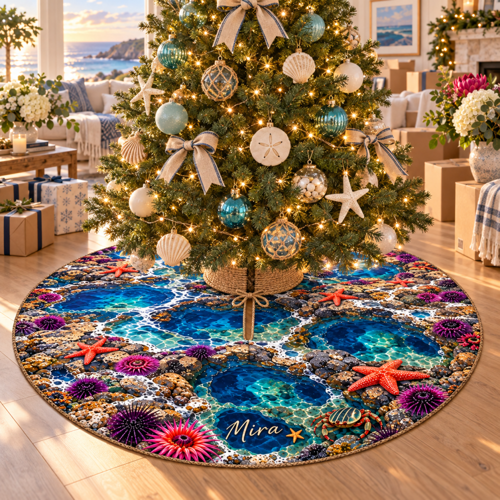 Housewarming Tide Pool Tree Skirt — Thoughtful Coastal Housewarming Gift, Stylish Christmas Base That Hides Stands And Adds Coastal Charm