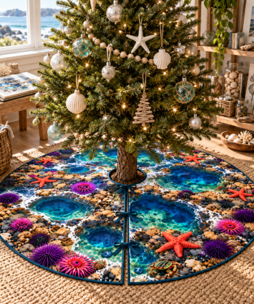 Studio Tide Pool Tree Skirt — Modern Coastal Christmas Rug For Creative Spaces, Low-Profile Mat That Complements Modern & Artistic Decor