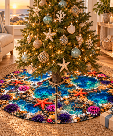 Host Gift Tide Pool Tree Skirt — Premium Coastal Christmas Mat, Stylish Nautical Holiday Present That Hides Scuffs And Conceals Tree Stand