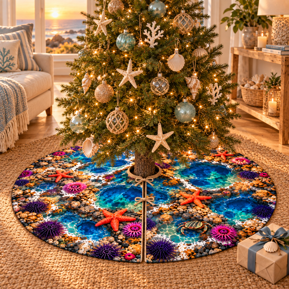 Host Gift Tide Pool Tree Skirt — Premium Coastal Christmas Mat, Stylish Nautical Holiday Present That Hides Scuffs And Conceals Tree Stand