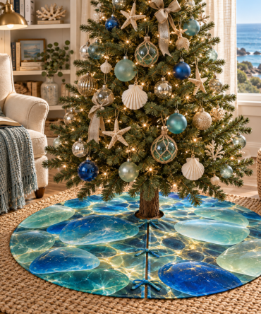 Cozy Nook Sea Glass Tree Skirt — Beachy Christmas Mat For Small Spaces, Soft Protective Skirt Hides Stand & Complements Coastal Decor