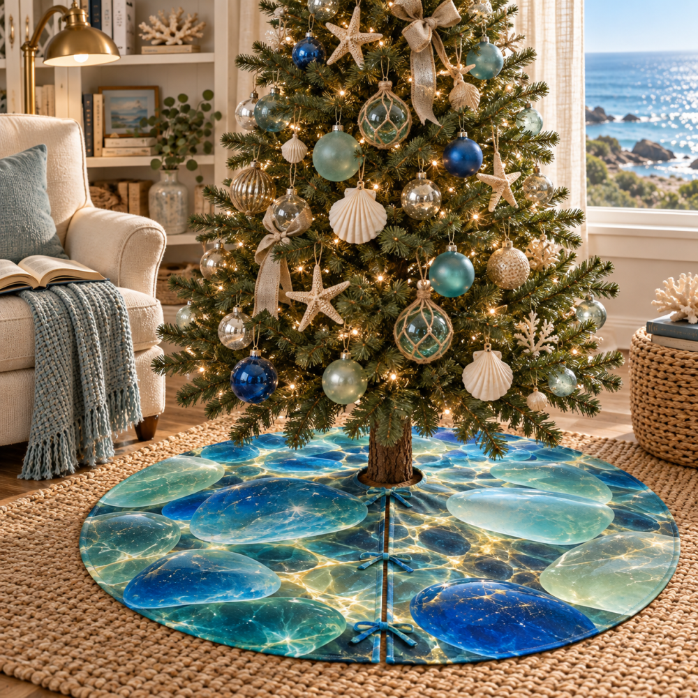Cozy Nook Sea Glass Tree Skirt — Beachy Christmas Mat For Small Spaces, Soft Protective Skirt Hides Stand & Complements Coastal Decor