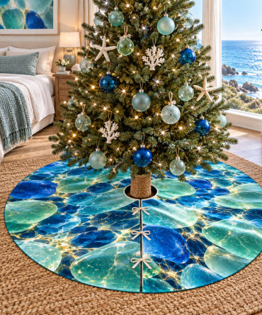 Coastal Sea Glass Holiday Tree Skirt For Bedrooms — Plush Nautical Christmas Tree Mat, Soft Reversible Fit For Small-Medium Trees
