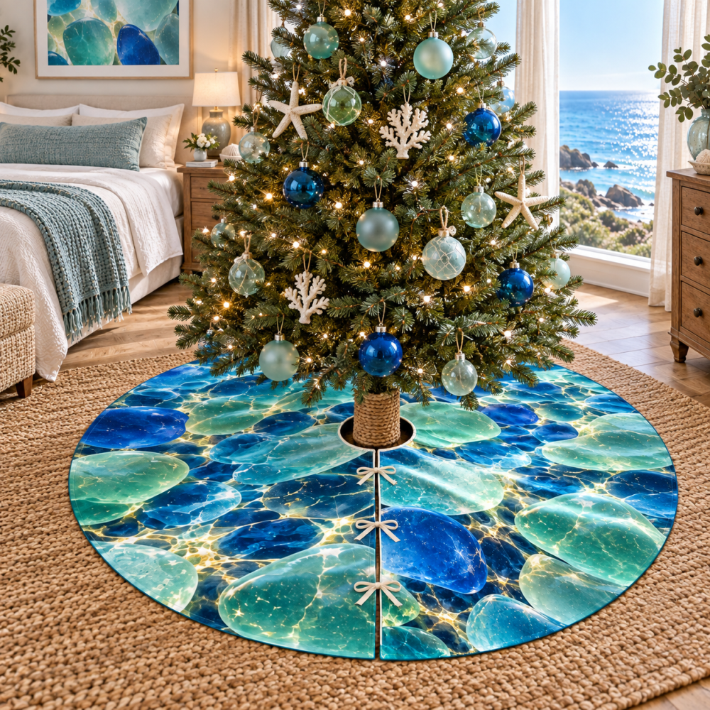 Coastal Sea Glass Holiday Tree Skirt For Bedrooms — Plush Nautical Christmas Tree Mat, Soft Reversible Fit For Small-Medium Trees