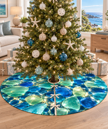 Premium Sea Glass Living Room Tree Skirt - Elegant Coastal Holiday Base To Style Your Main Gathering Space With Seashell Accents