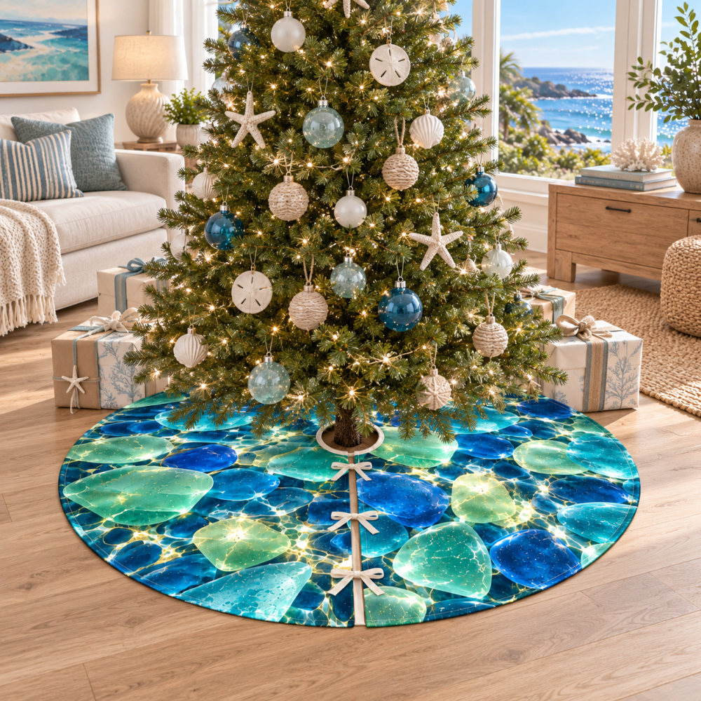 Premium Sea Glass Living Room Tree Skirt - Elegant Coastal Holiday Base To Style Your Main Gathering Space With Seashell Accents