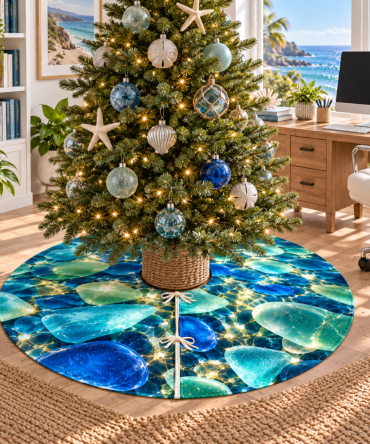 Sea Glass Tree Skirt For Home Office - Sleek Coastal Holiday Decor To Elevate Workspaces And Professional Rooms
