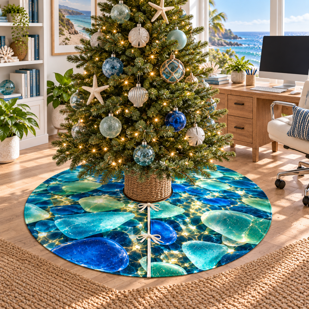 Sea Glass Tree Skirt For Home Office - Sleek Coastal Holiday Decor To Elevate Workspaces And Professional Rooms