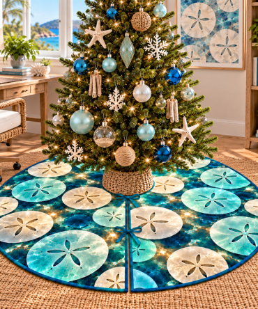 Nautical Sand Dollar Tree Skirt For Home Office - Professional Coastal Holiday Decor To Refresh Workspaces & Zoom Backgrounds