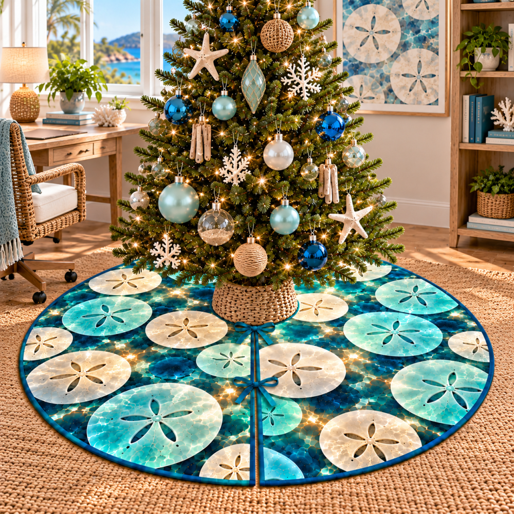 Nautical Sand Dollar Tree Skirt For Home Office - Professional Coastal Holiday Decor To Refresh Workspaces & Zoom Backgrounds