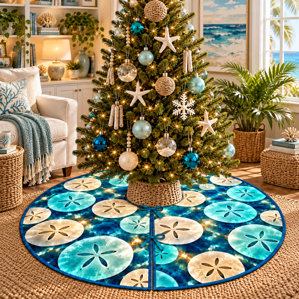 Coastal Sand Dollar Tree Skirt For Cozy Nooks - Soft Nautical Holiday Accent Perfect For Quiet Corners And Small Spaces