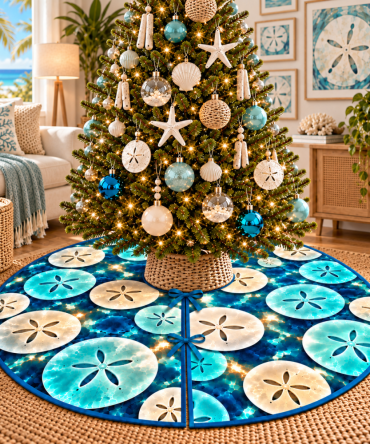 Sand Dollar Gallery Wall Christmas Tree Skirt — Coastal Artful Tree Skirt For Living Rooms & Galleries, Sand Dollar Design, Custom