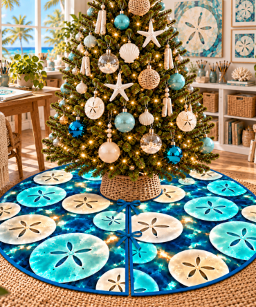 Sand Dollar Hobby Studio Tree Skirt — Custom Coastal Christmas Skirt With Nautical Motif For Creative Studios, Made To Order