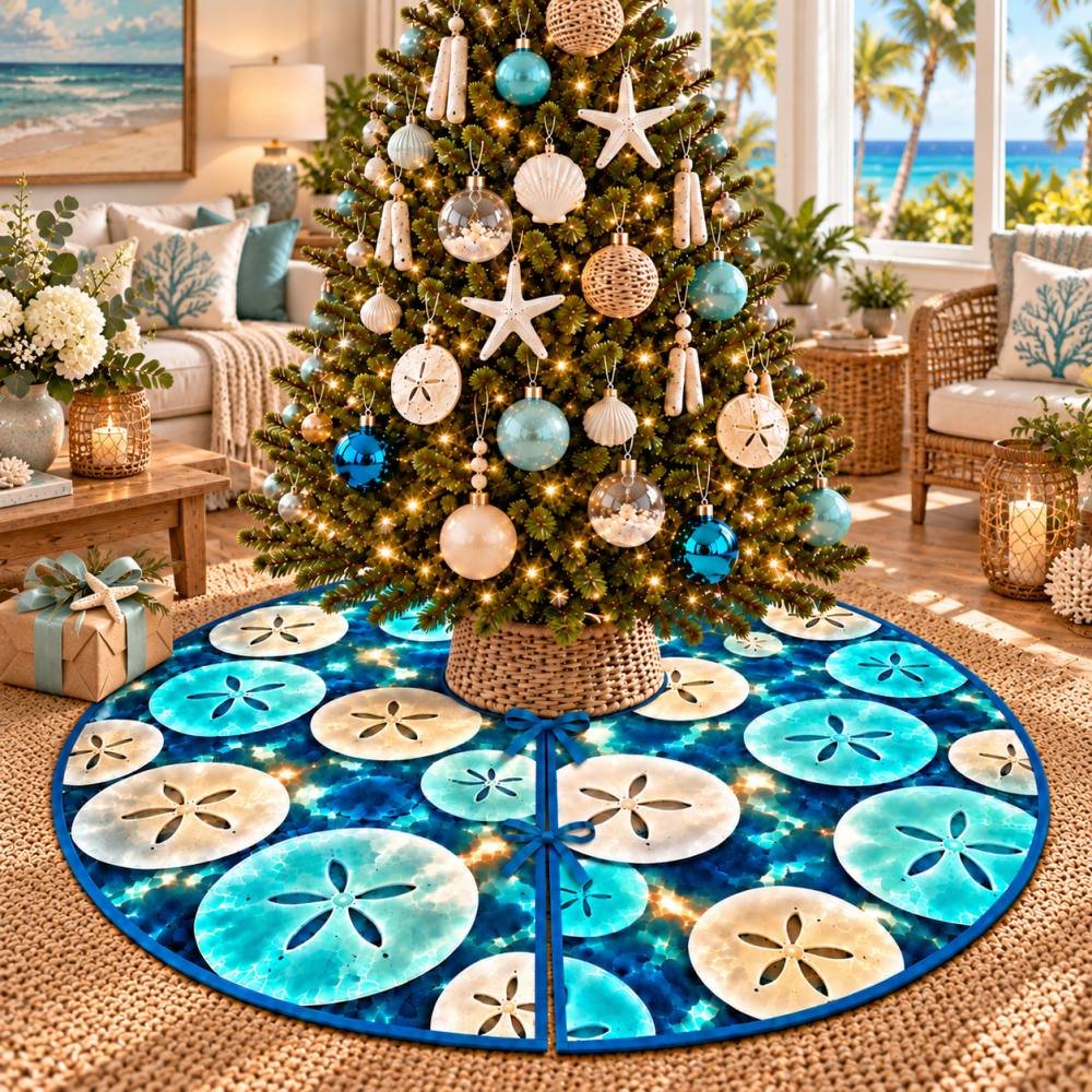 Sand Dollar Host Thank-You Tree Skirt — Elegant Coastal Christmas Gift For Hosts, Sand Dollar Design, Custom Holiday Skirt