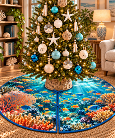 Reef Fish Reading Nook Holiday Tree Skirt — Cozy Nautical Christmas Skirt With Marine Motifs For Libraries & Nooks, Custom Order