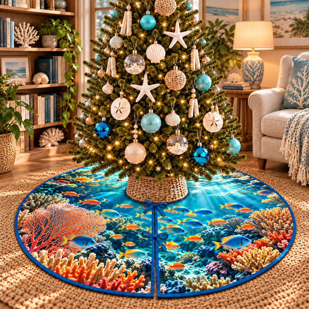 Reef Fish Reading Nook Holiday Tree Skirt — Cozy Nautical Christmas Skirt With Marine Motifs For Libraries & Nooks, Custom Order