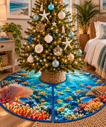 Reef Fish Bedroom Statement Tree Skirt — Coastal Christmas Tree Skirt With Serene Marine Prints, Custom-Made For Bedroom Décor