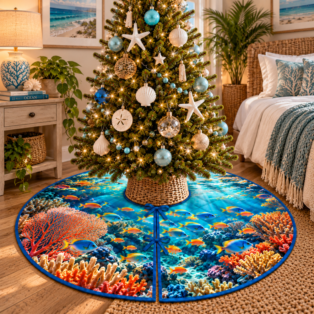 Reef Fish Bedroom Statement Tree Skirt — Coastal Christmas Tree Skirt With Serene Marine Prints, Custom-Made For Bedroom Décor