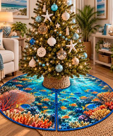 Reef Fish Living Room Focal Point Tree Skirt — Statement Nautical Christmas Skirt With Vibrant Marine Art, Custom Size Options