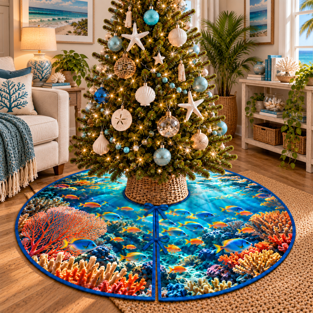 Reef Fish Living Room Focal Point Tree Skirt — Statement Nautical Christmas Skirt With Vibrant Marine Art, Custom Size Options